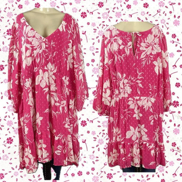 torrid Dresses & Skirts - Torrid Plus 6X Pink Floral V-Neck Pockets Below Knee 3/4 Sleeve Babydoll Dress
